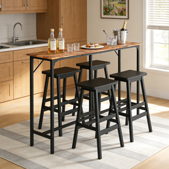 Ktaxon Farmhouse Pub Set for 4, Counter Height Bar Table Set, 71" Long Narrow Dining Table with 4 Saddle Bar Stools, Brown & Black