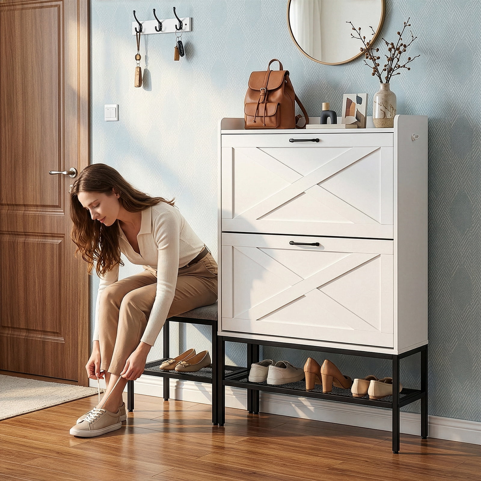 Ktaxon Farmhouse Shoe Cabinet w/ Bench, Entryway Shoe Storage Cabinet Shoe Rack Organizer for Hallway Bedroom Closet Living Room Home Apartment, White