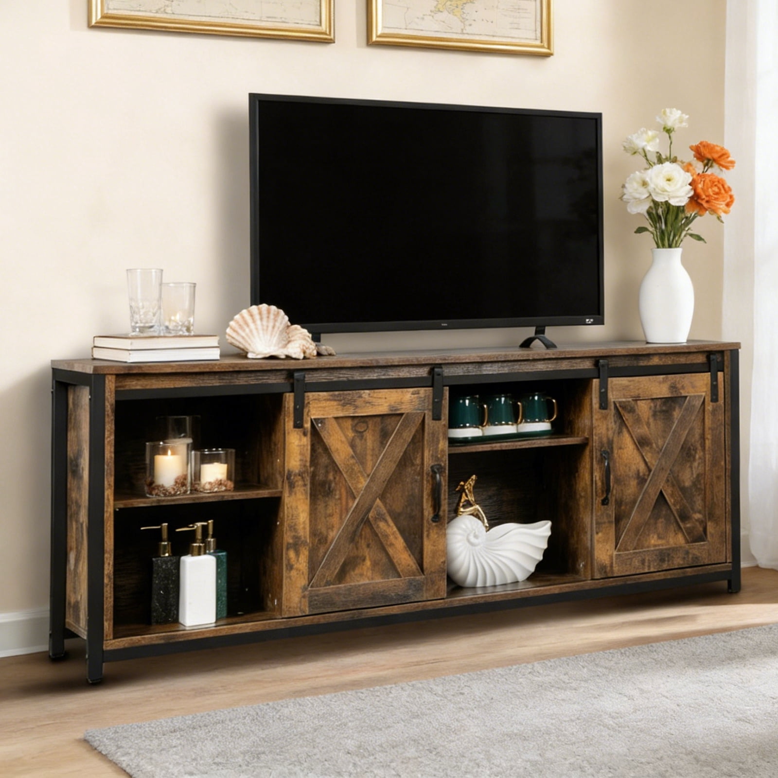 カントリーテレビ台(❤️あむ❤️) Ktaxon Farmhouse Barnwood Style TV Stand, Sliding Barn Doors