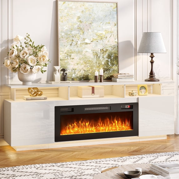 Ktaxon Modern TV Stand with 36" Fireplace, 70" High Gloss Entertainment Center with LED RGB Light for Living Room, 12 Colors Flames Electric Fireplace Mantel, White