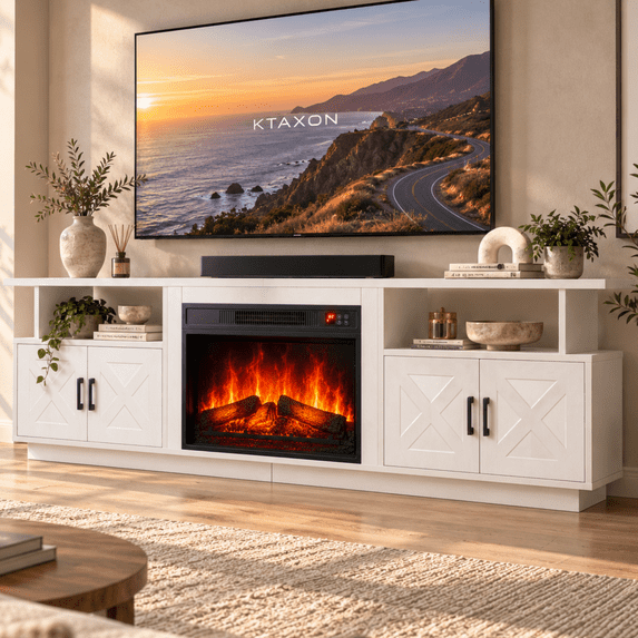Ktaxon 70" Farmhouse TV Stand with Fireplace, Wood Entertainment Center with LED for TVs up to 80", 4 Barndoor Storage, 23" Electric Fireplace Mantel, White