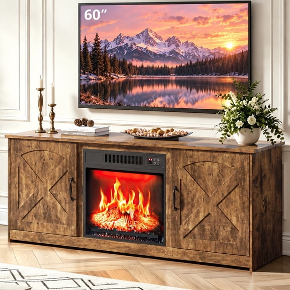 Ktaxon 55" Farmhouse TV Stand with Fireplace Heater, Mid-Century Wood Entertainment Center with 18" Electric Fireplace Mantel for up to 60" TVs, Rustic Brown