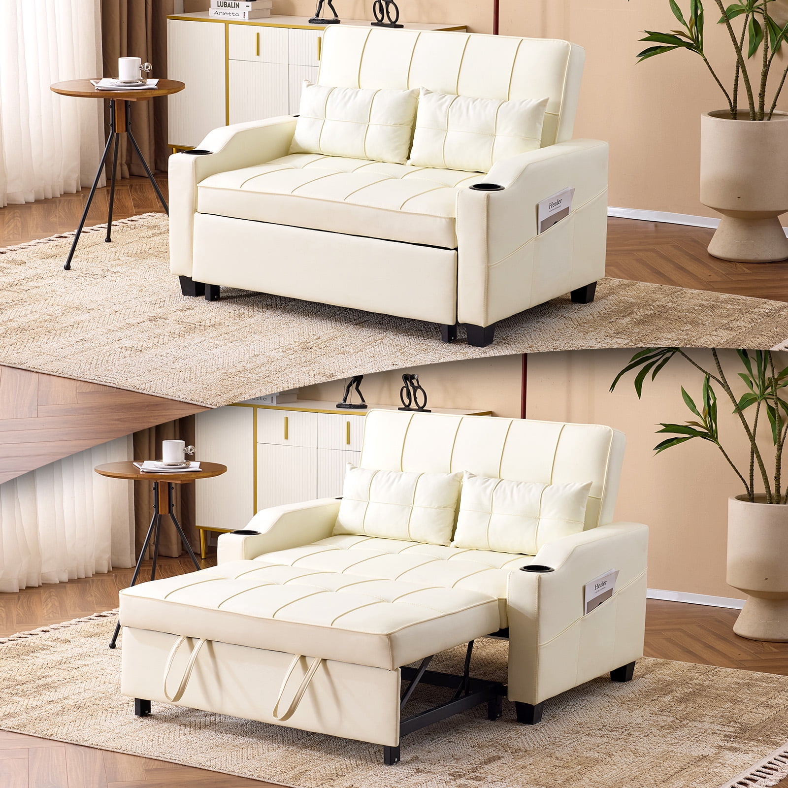 Ktaxon Faux Leather Loveseat Sofa Bed with Side Pockets, Adjustable Backrest Lounge for Living Room, Game Room Beige