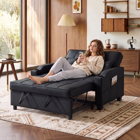 Ktaxon Faux Leather Loveseat Sofa Bed with Side Pockets, Adjustable Backrest Lounge for Living Room, Game Room Black