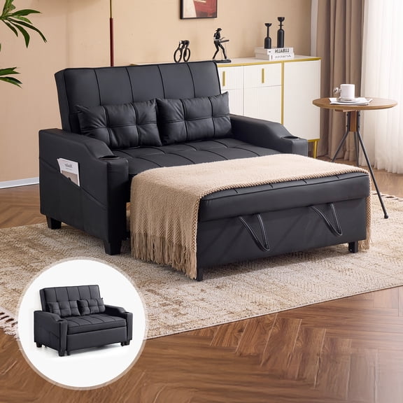 Ktaxon Faux Leather Loveseat Sofa Bed with Side Pockets, Adjustable Backrest Lounge for Living Room, Game Room Black
