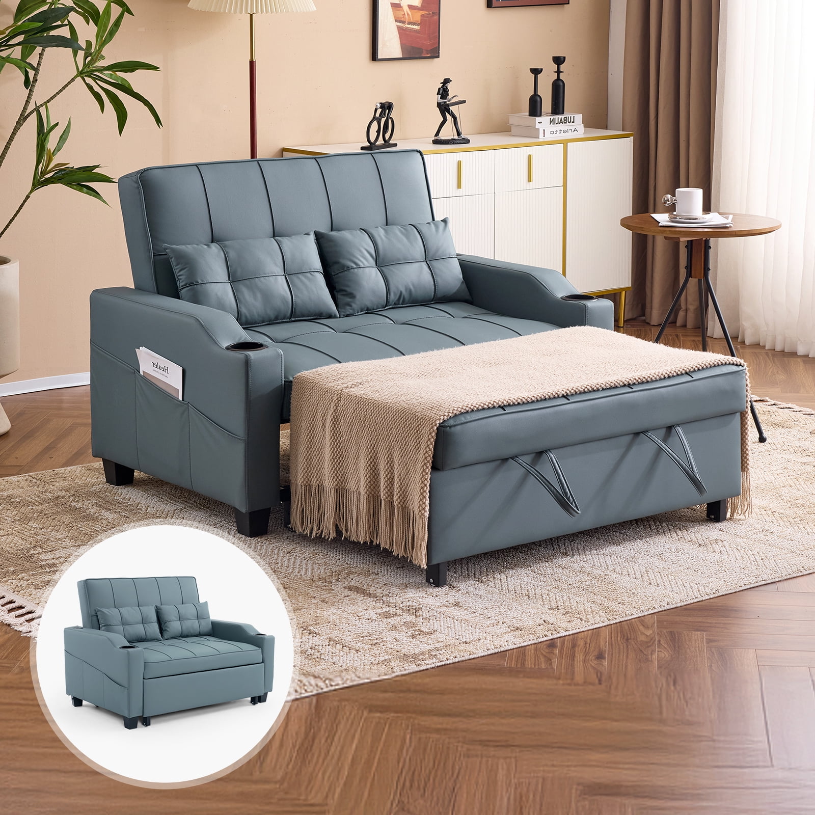 Ktaxon Faux Leather Loveseat Sofa Bed with Side Pockets, Adjustable Backrest Lounge for Living Room, Game Room Blue-Gray