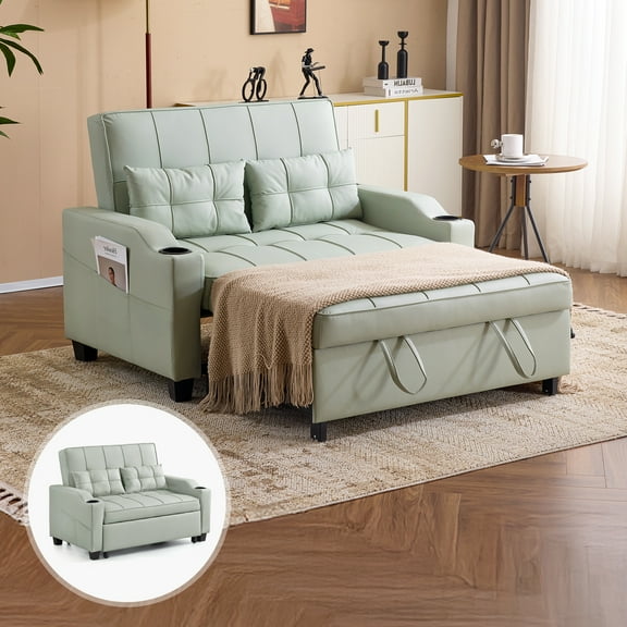 Ktaxon Faux Leather Loveseat Sofa Bed with Side Pockets, Adjustable Backrest Lounge for Living Room, Game Room Green