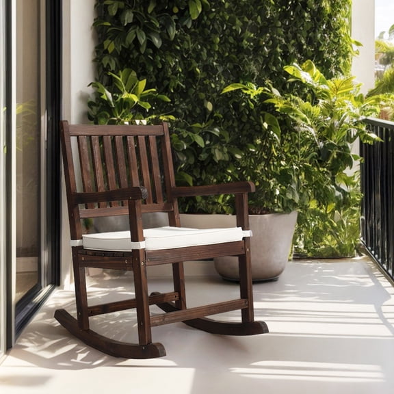 Ktaxon Fir Wood Outdoor Rocking Chair with Water-Resistant Cushion for Patio Porch Backyard, Carbonized