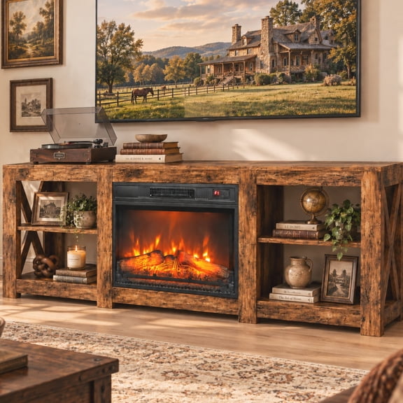 Ktaxon 70 Inch Fireplace TV Stand for TVs Up to 80", Farmhouse Entertainment Center with 23" Electric Fireplace, TV Console with Adjustable Open Storage, Rustic Brown