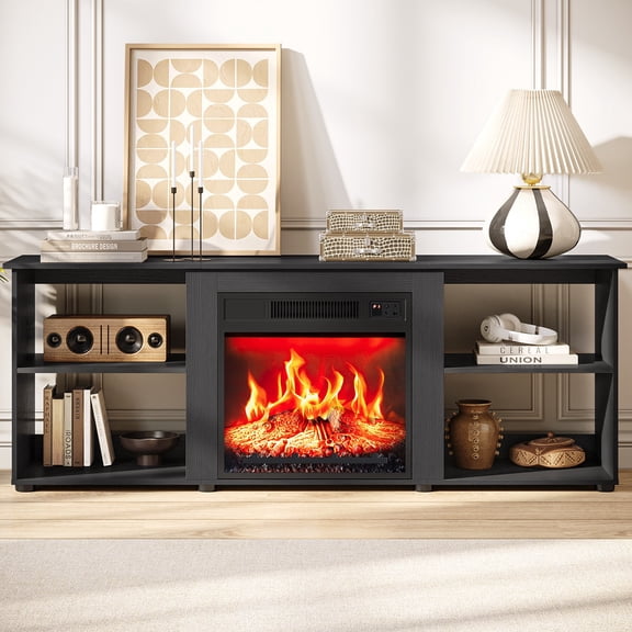 Ktaxon Modern Fireplace TV Stand for 55/60/65" TVs, Wood Entertainment Center with 4 Open Storage Shelves and 18" Eletric Heater for Apartment, Living Room, Bedroom, Home,, Black