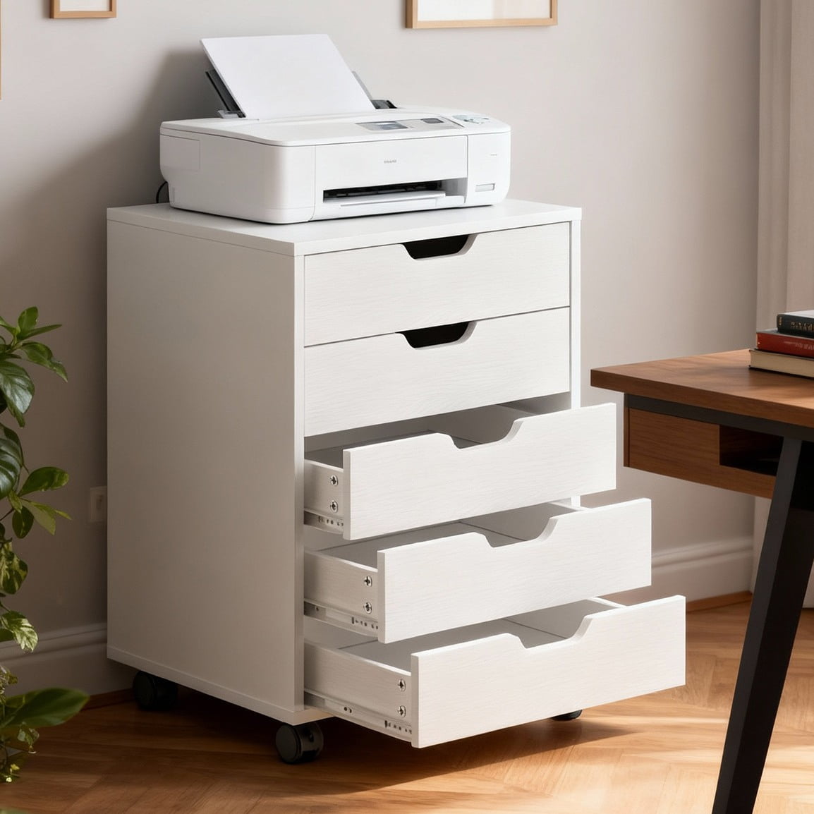 Ktaxon Mobile 5 Drawer File Cabinet Rolling Storage Cart Wood File Cabinet with Wheels, White