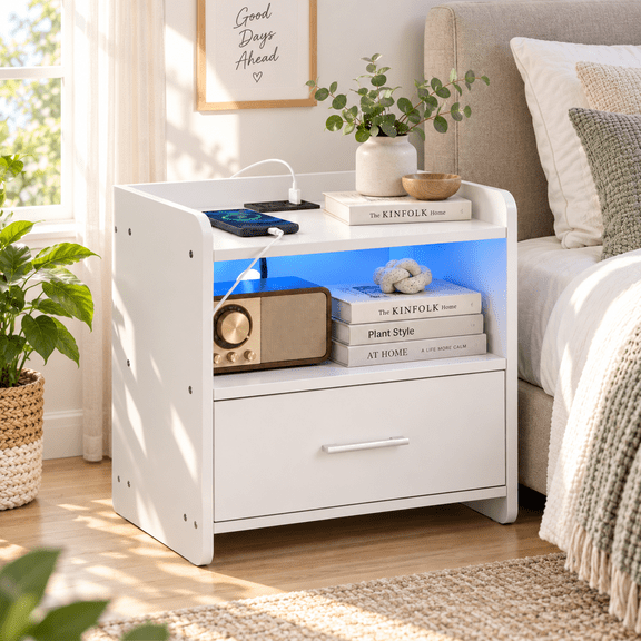 Ktaxon Nightstand with Charging Station Multicolor LED Light Bedside Table with Drawer and Open Storage Shelf, Modern End Table for Bedroom Living Room, White