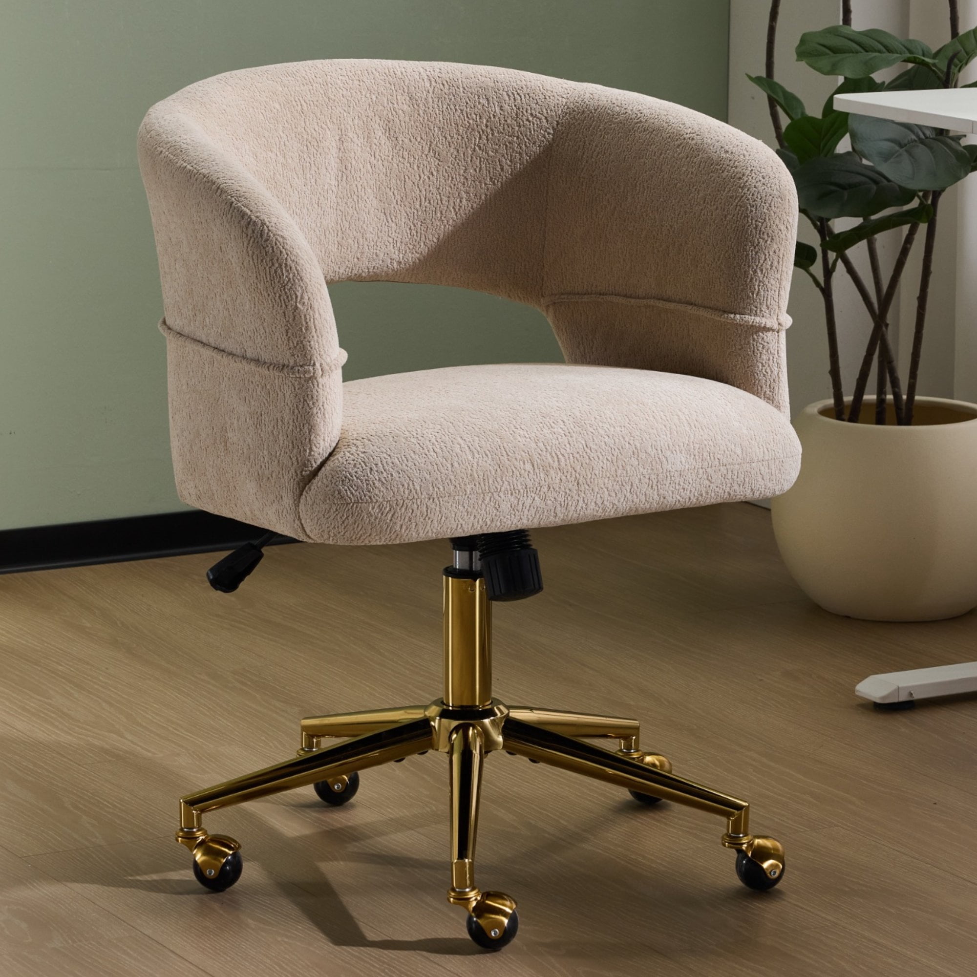 Ktaxon Flannel Accent Chair Multi-Use Makeup Desk Chair with 360 Swivel Adjustable Height for Bedroom Office Dorm Khaki