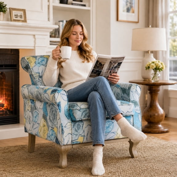 Ktaxon Floral Print Velvet Accent Chair with Lumbar Pillow, Upholstered Club Chair with Rubber Wood Legs, Living Room Armchair for Bedroom Reading Corner Light Blue