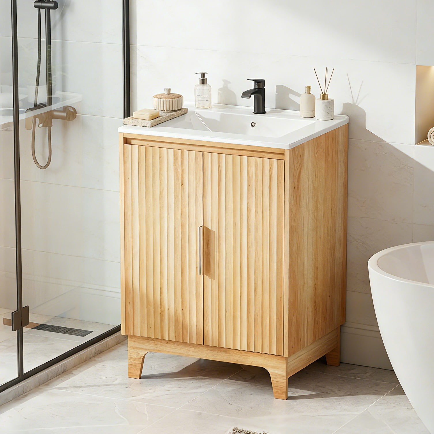 Ktaxon Fluted 24'' Bathroom Vanity Set with Sink Ceramic Top & U - shaped Shelf, Oak (Split Two Packages for Delivery)
