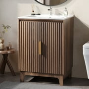 Ktaxon Fluted 24'' Bathroom Vanity Set with Sink Ceramic Top & U - shaped Shelf, Walnut Split Two Packages for Delivery