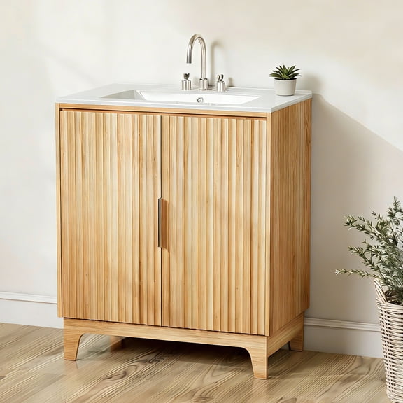 Ktaxon Fluted 30'' Bathroom Vanity Set with Sink Ceramic Top & U - shaped Shelf, Oak(Split Two Packages for Delivery)