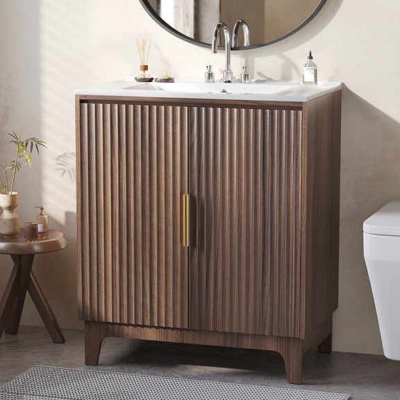 Ktaxon Fluted 30'' Bathroom Vanity Set with Sink Ceramic Top & U - shaped Shelf, Walnut (Split Two Packages for Delivery)