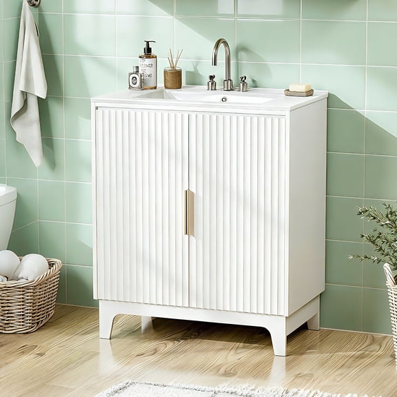 Ktaxon Fluted 30'' Bathroom Vanity Set with Sink Ceramic Top & U - shaped Shelf, White(Split Two Packages for Delivery)