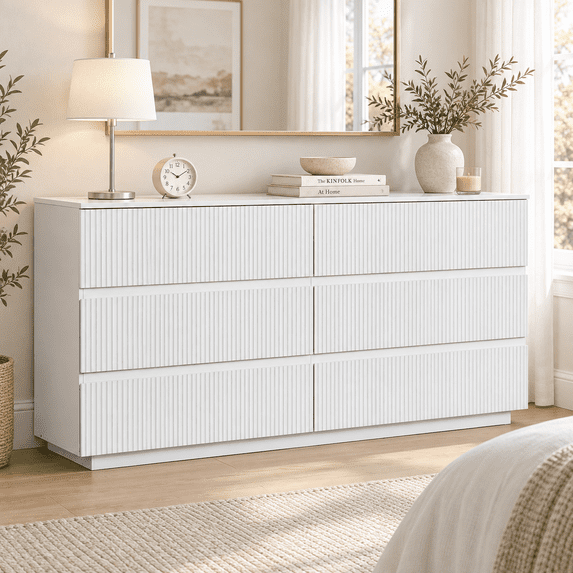 Ktaxon Fluted 6 Drawer Double Dresser Wood Dresser Storage Cabinet Drawer Organizer Chest of Drawers for Bedroom, White