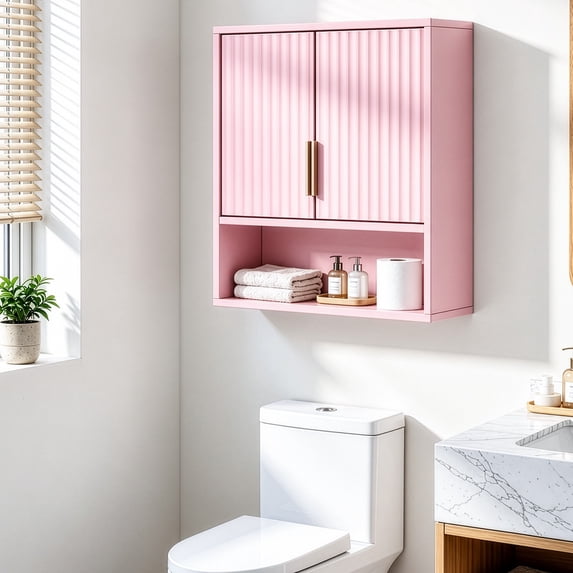 Ktaxon Fluted Bathroom Cabinet Wall Mount, Medicine Cabinet Storage Organizer with 2 Doors and Adjustable Shelves, Pink