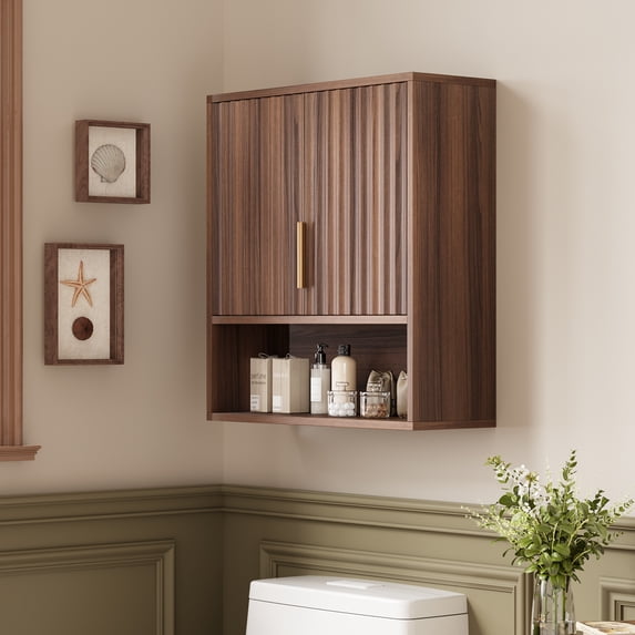 Ktaxon Fluted Bathroom Cabinet Wall Mount, Medicine Cabinet Storage Organizer with Single Door and Adjustable Shelves, Walnut