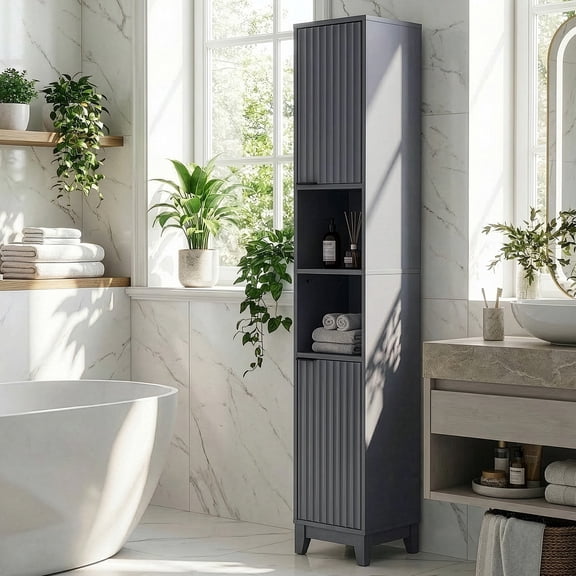 Ktaxon Fluted Bathroom Storage Cabinet Narrow, Freestanding Cabinet Storage Tower, Gray