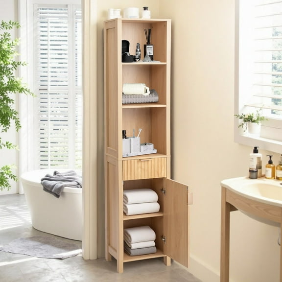 Ktaxon Fluted Bathroom Storage Cabinet Narrow Tall, Freestanding Cabinet Storage Tower with Grille Single Door and One Drawer, Oak