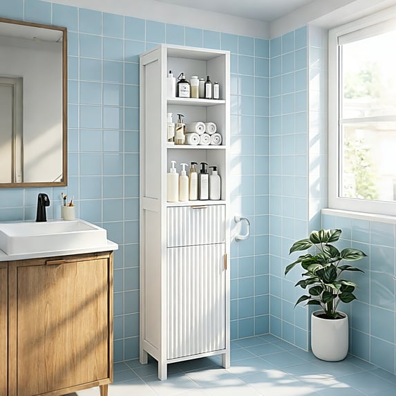 Ktaxon Fluted Bathroom Storage Cabinet Narrow Tall, Freestanding Cabinet Storage Tower with Grille Single Door and One Drawer, White
