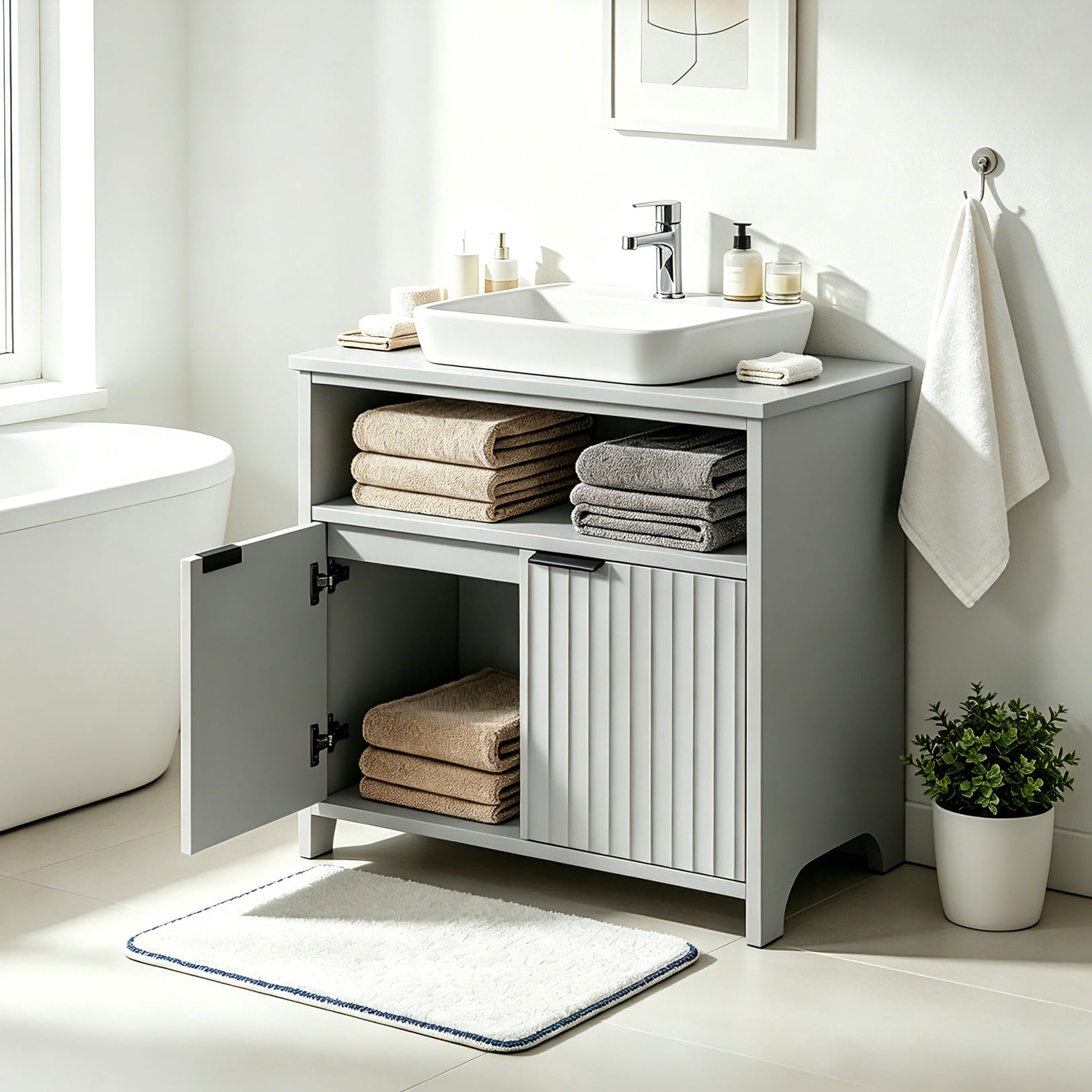 Ktaxon Fluted Bathroom Vanity Under Sink Pedestal with Two Doors and One Shelf, Gray