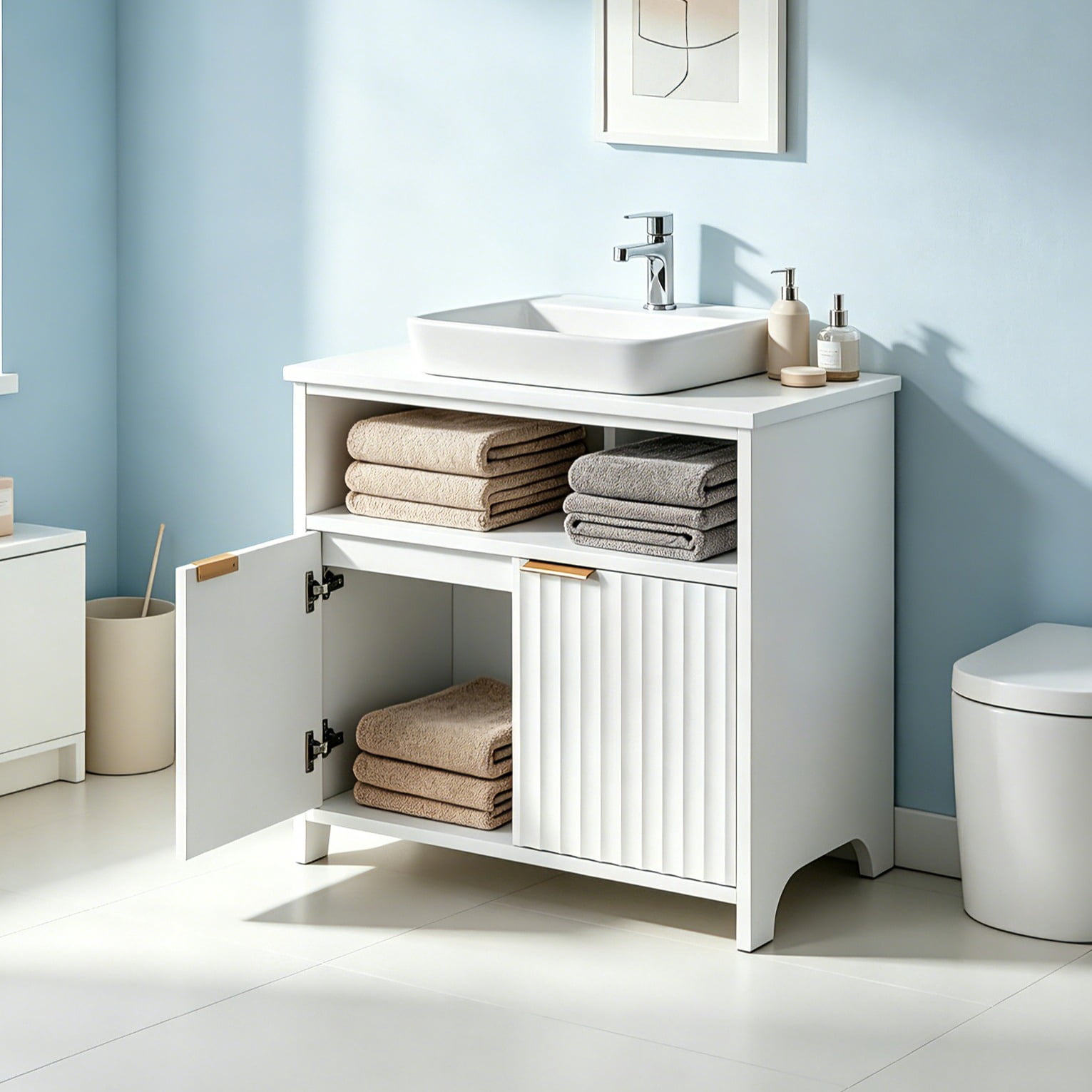 Ktaxon Fluted Bathroom Vanity Under Sink Pedestal with Two Doors and One Shelf, White