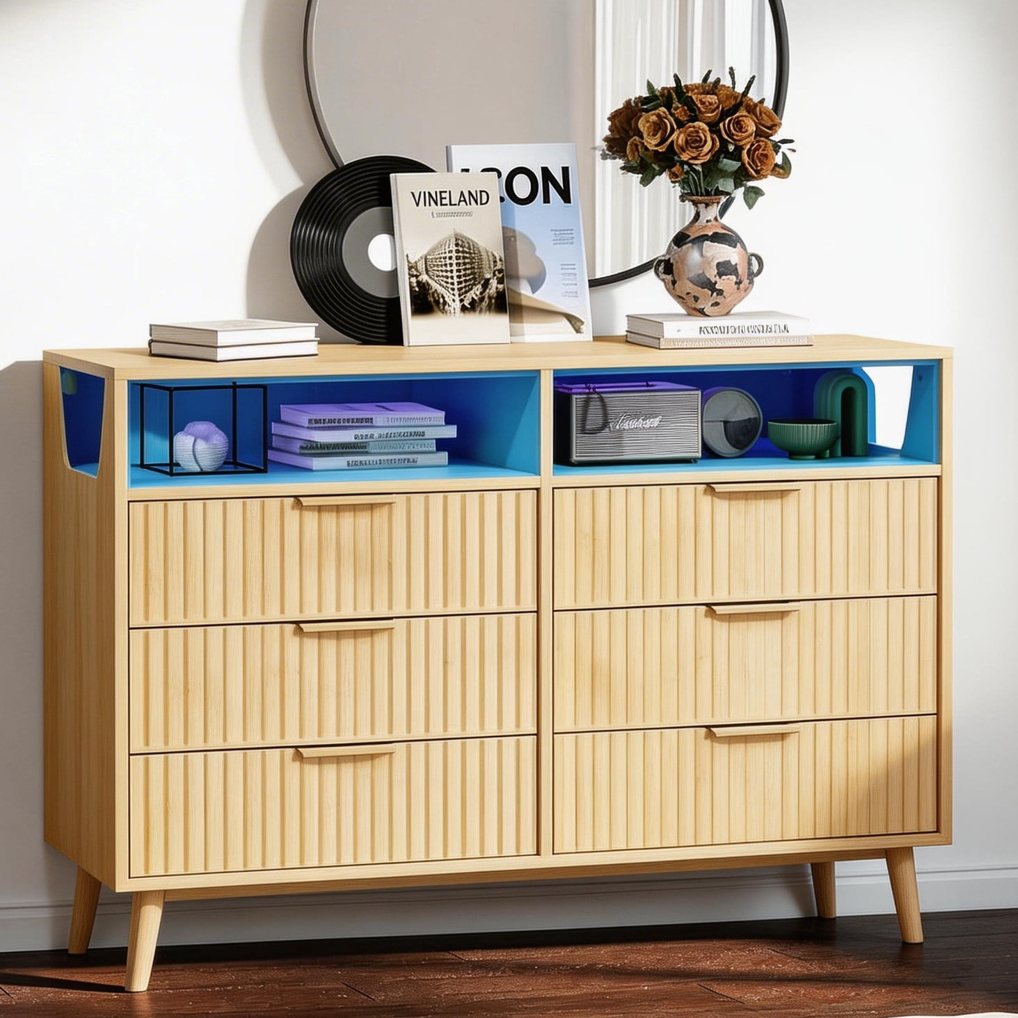 Ktaxon Fluted Dresser 6 Drawer Dresser with LED Lights Wood Chest of Drawers Storage Cabinet for Bedroom, Living Room Entryway Mid Century Oak