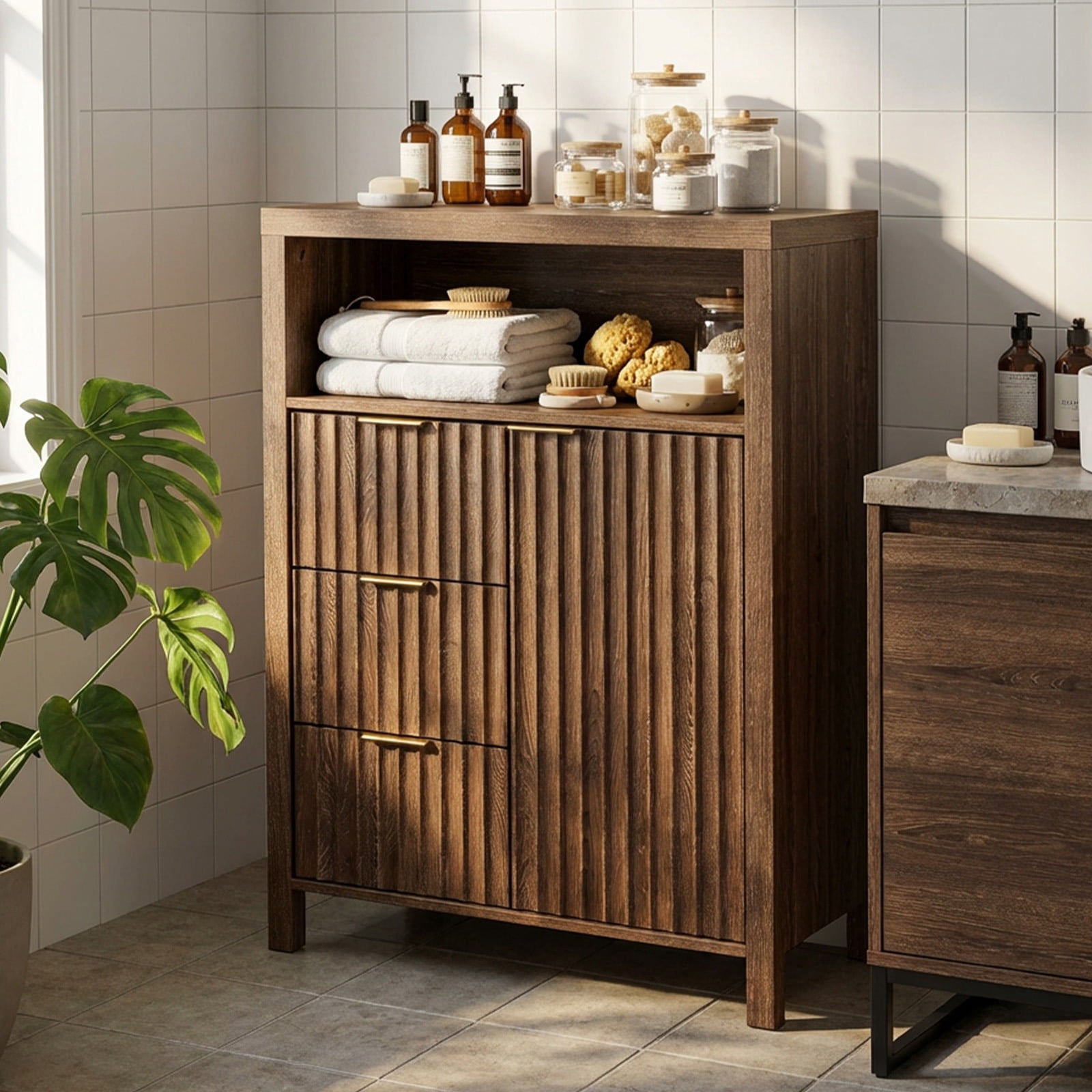Ktaxon Fluted MDF Bathroom Floor Cabinet with Grille Single Door and Three Drawers, Walnut