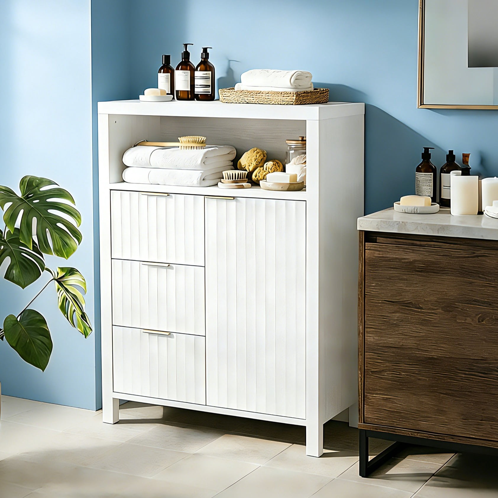 Ktaxon Fluted MDF Bathroom Floor Cabinet with Grille Single Door and Three Drawers, White