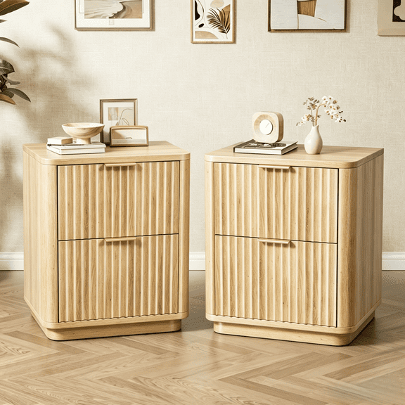 Ktaxon Fluted Nightstand Set of 2 End Table Wooden Bedside Table Large Capacity Easy to Assemble