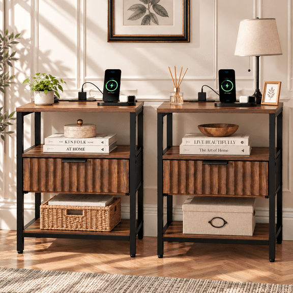 Ktaxon Fluted Nightstand Set of 2 with Charging Station End Table with Drawers Bedside Table Furniture for Bedroom, Living Room, Brown Walnut