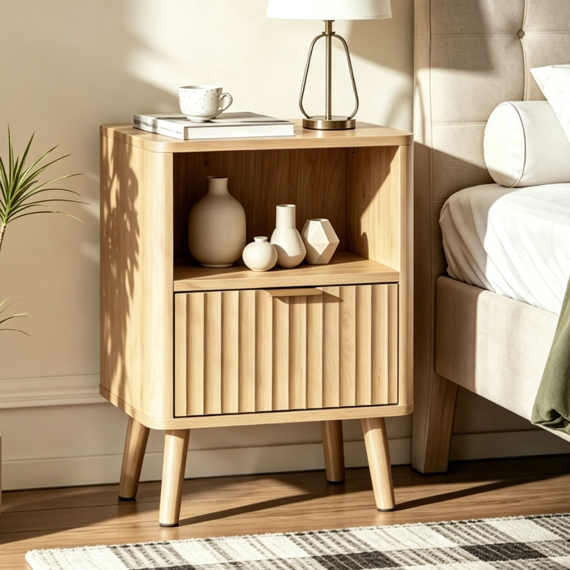 Ktaxon Fluted Nightstand with 1 Drawer, End Table Wooden Bedside Table Large Capacity Easy to Assemble, Oak