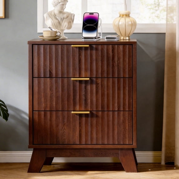 Ktaxon Fluted Nightstand with Charging Station, End Table Wooden Bedside Table Large Capacity Easy to Assemble