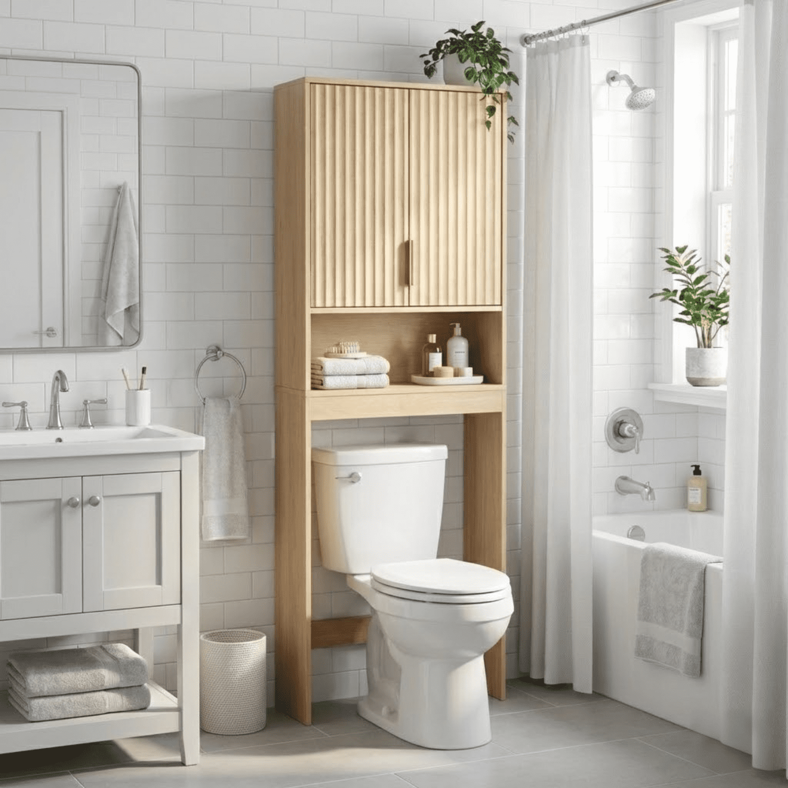 Ktaxon Fluted Over the Toilet Bathroom Storage Cabinet  with 2 Doors & 3 Storage Shelves Space Saver, Oak