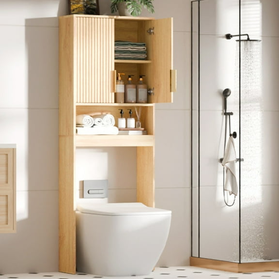 Ktaxon Fluted Over the Toilet Bathroom Storage Cabinet with 2 Doors & 3 Storage Shelves Space Saver, Oak