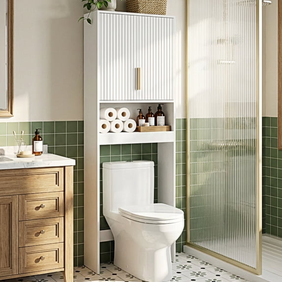 Ktaxon Fluted Over the Toilet Bathroom Storage Cabinet with 2 Doors & 3 Storage Shelves Space Saver, White