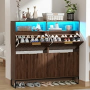 Ktaxon Fluted Shoe Cabinet for Entryway with 4 Flip Drawers & 1 Compartment & LED Lights 30 Pairs, Hidden Shoes Storage Cabinet Mid - Century Modern, Walnut