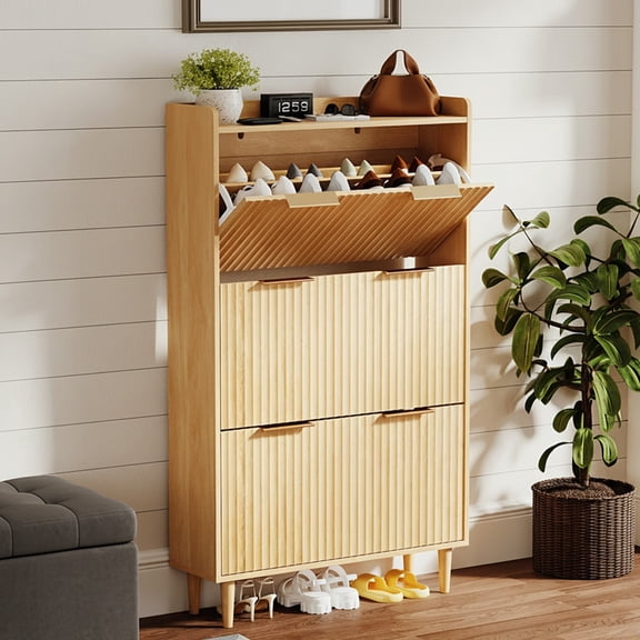 Ktaxon Fluted Shoe Cabinet with 3 Flip Drawers, Narrow Shoes Storage for Entryway, Oak