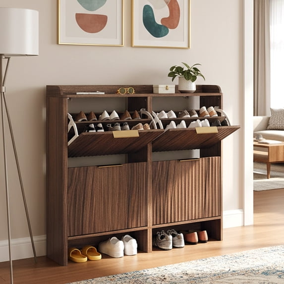 Ktaxon Fluted Shoe Cabinet with 4 Flip Drawers, Narrow Shoes Storage for Entryway, Walnut