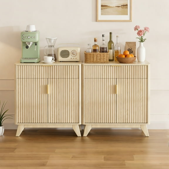 Ktaxon Modern Fluted Sideboard, 33" Pantry Storage Buffet Cabinet, Dining Room Pantry Wood Cabient with 2 Door and Drawer, Oak