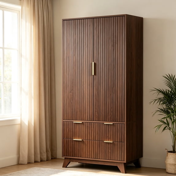 Ktaxon Fluted Armoire Wardrobe Closet with Hanging Rod, Elegant Oak Finish Drawer Shelf
