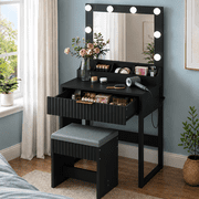Ktaxon Flutted Makeup Vanity Table w/Stool, Dressing Desk with Charging Station, for Femal Gift, Black