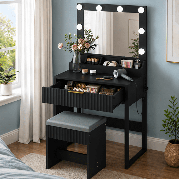 Ktaxon Flutted Makeup Vanity Table w/Stool, Dressing Desk with Charging Station, For Femal Gift, Black