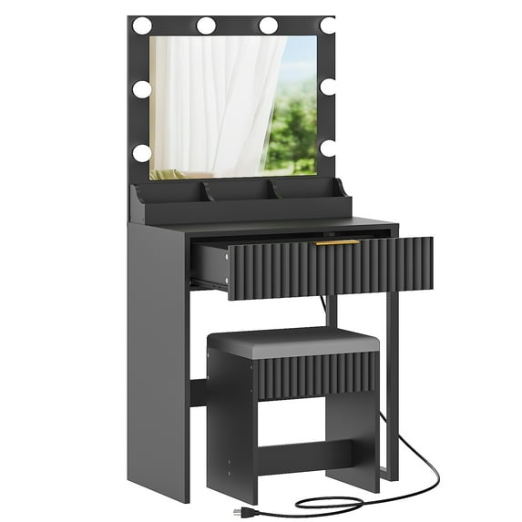Ktaxon Flutted Makeup Vanity Table 8 LED Lights, Dressing Desk with Charging Station, For Femal Gift, Black