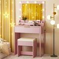 thumbnail image 1 of Ktaxon Flutted Makeup Vanity Table 8 LED Lights, Dressing Desk with Charging Station, For Femal Gift, Pink, 1 of 9